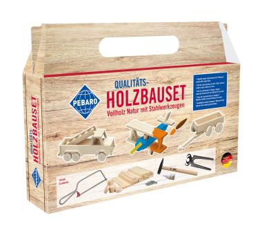 Wooden construction kit in carry handle cardboard box 